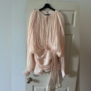 Beige Tan Mini Dress Ruffles Hem Lantern Sleeve. Fabric Semi sheer  Sparkling